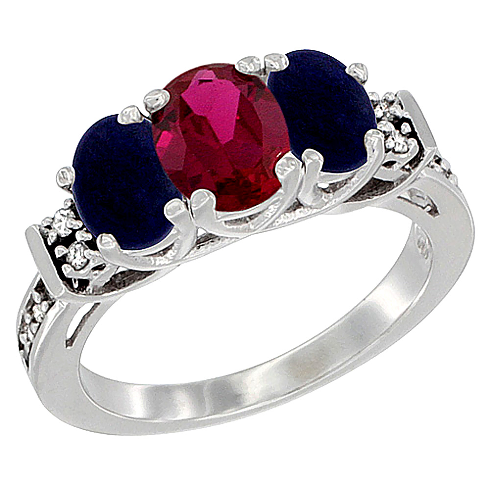 14K White Gold Natural Quality Ruby & Lapis 3-stone Mothers Ring Oval Diamond Accent, size 5-10