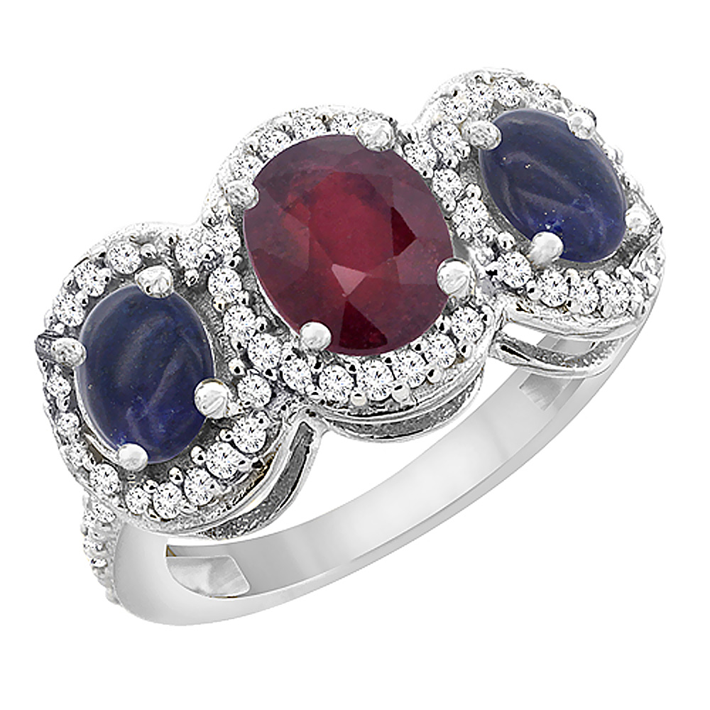 14K White Gold Natural Quality Ruby &amp; Lapis 3-stone Mothers Ring Oval Diamond Accent, size 5 - 10