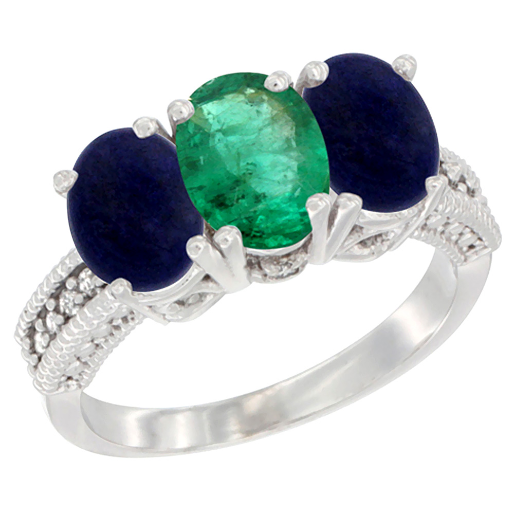 14K White Gold Natural Emerald Ring with Lapis 3-Stone 7x5 mm Oval Diamond Accent, sizes 5 - 10