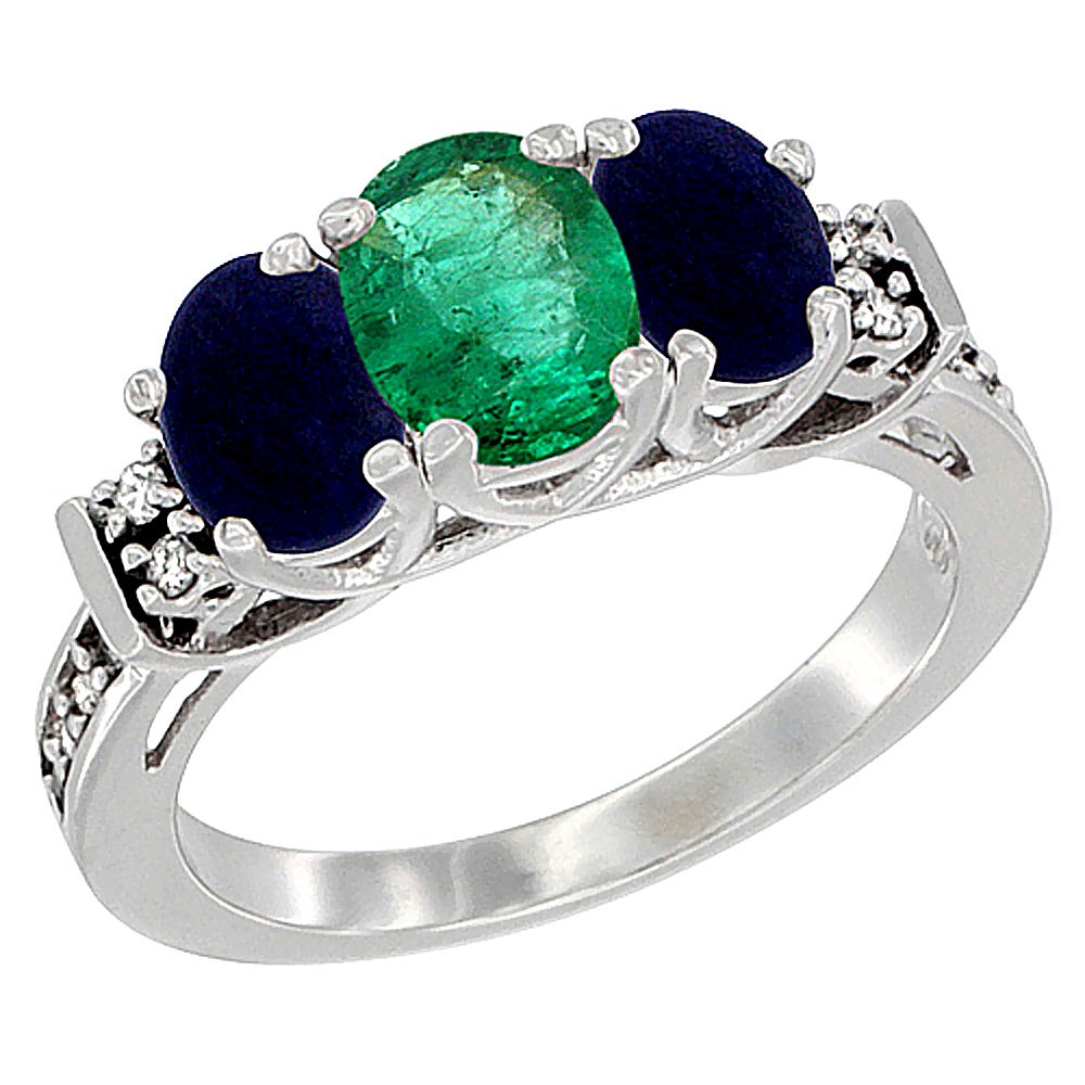 10K White Gold Natural Emerald &amp; Lapis Ring 3-Stone Oval Diamond Accent, sizes 5-10