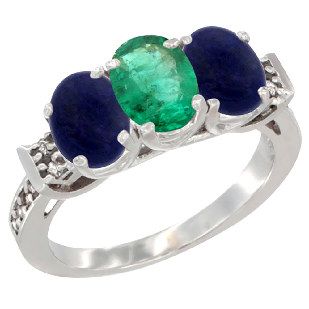 10K White Gold Natural Emerald &amp; Lapis Sides Ring 3-Stone Oval 7x5 mm Diamond Accent, sizes 5 - 10