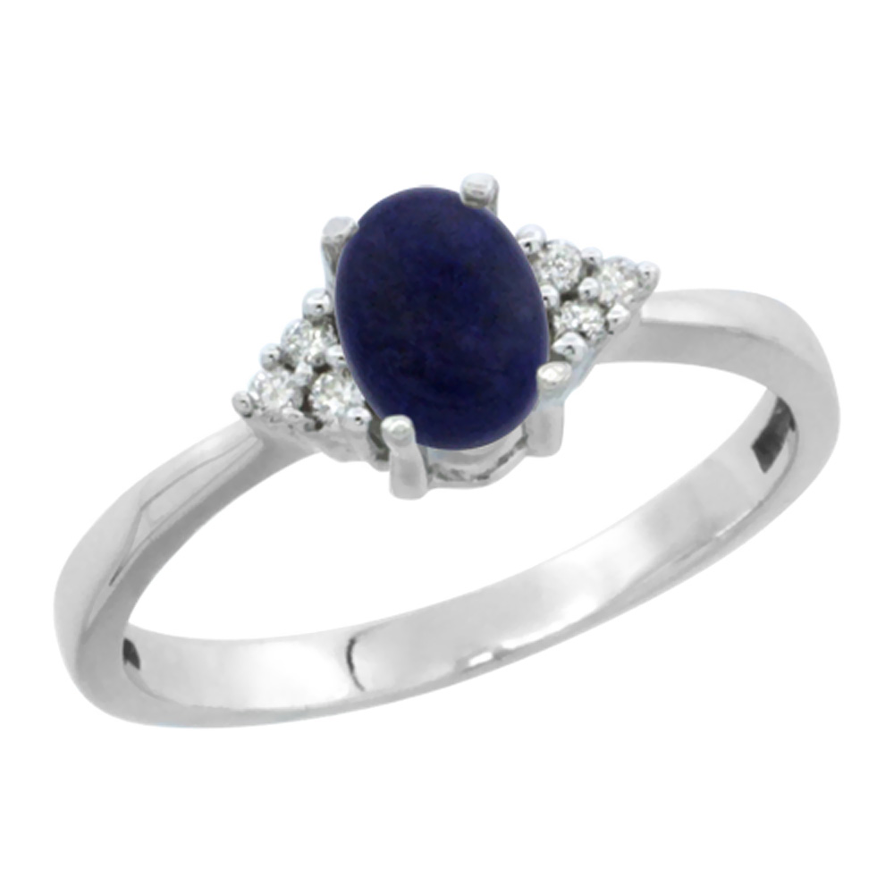 10K White Gold Natural Lapis Ring Oval 6x4mm Diamond Accent, sizes 5-10