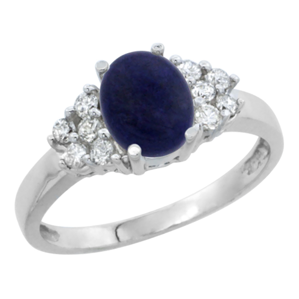 14K White Gold Natural Lapis Ring Oval 8x6mm Diamond Accent, sizes 5-10