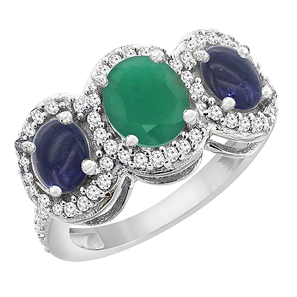 14K White Gold Natural Quality Emerald &amp; Lapis 3-stone Mothers Ring Oval Diamond Accent, size 5 - 10