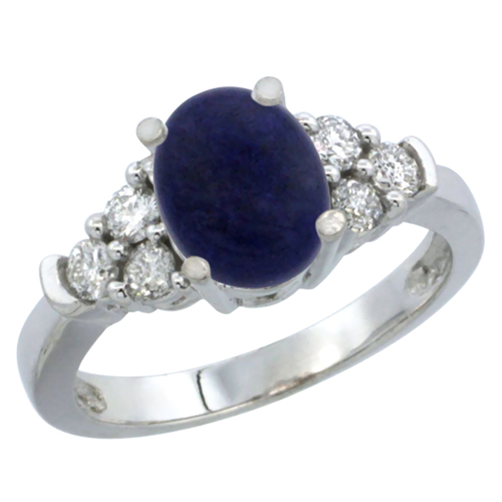 14K White Gold Natural Lapis Ring Oval 9x7mm Diamond Accent, sizes 5-10