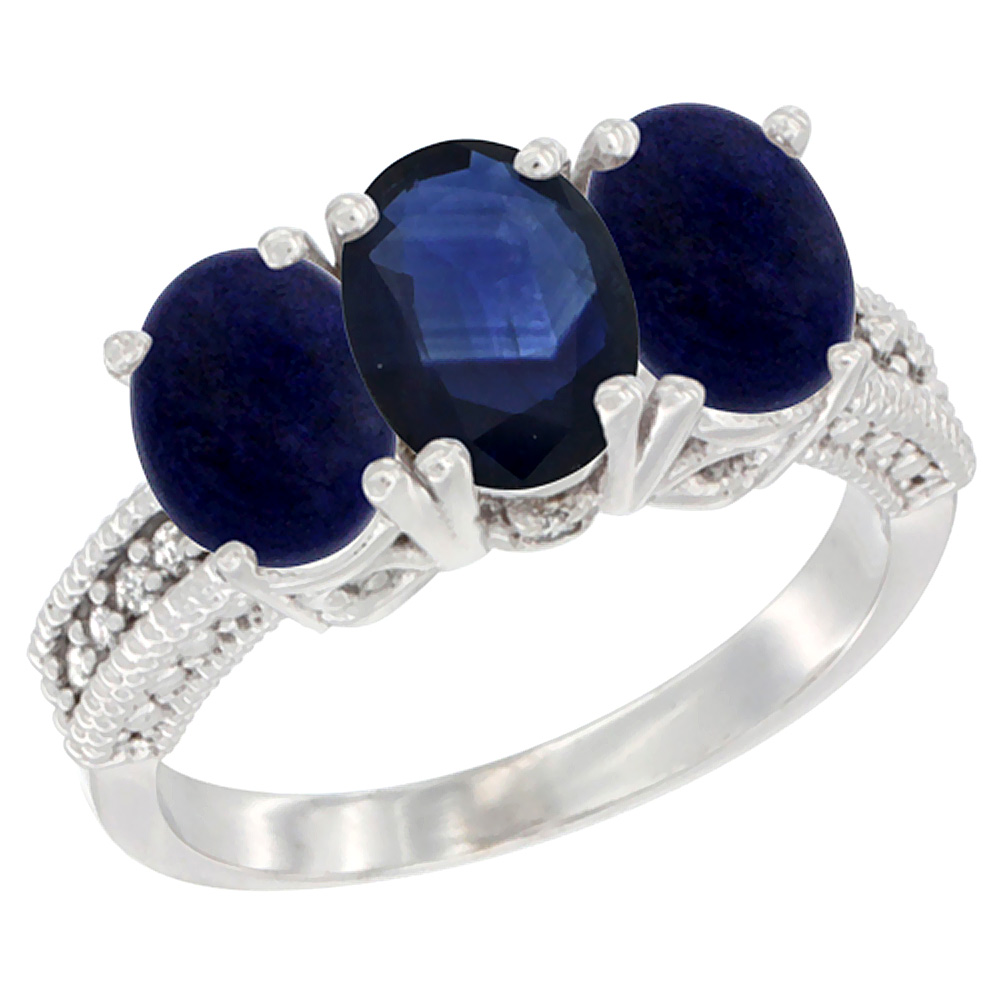 14K White Gold Natural Blue Sapphire Ring with Lapis 3-Stone 7x5 mm Oval Diamond Accent, sizes 5 - 10