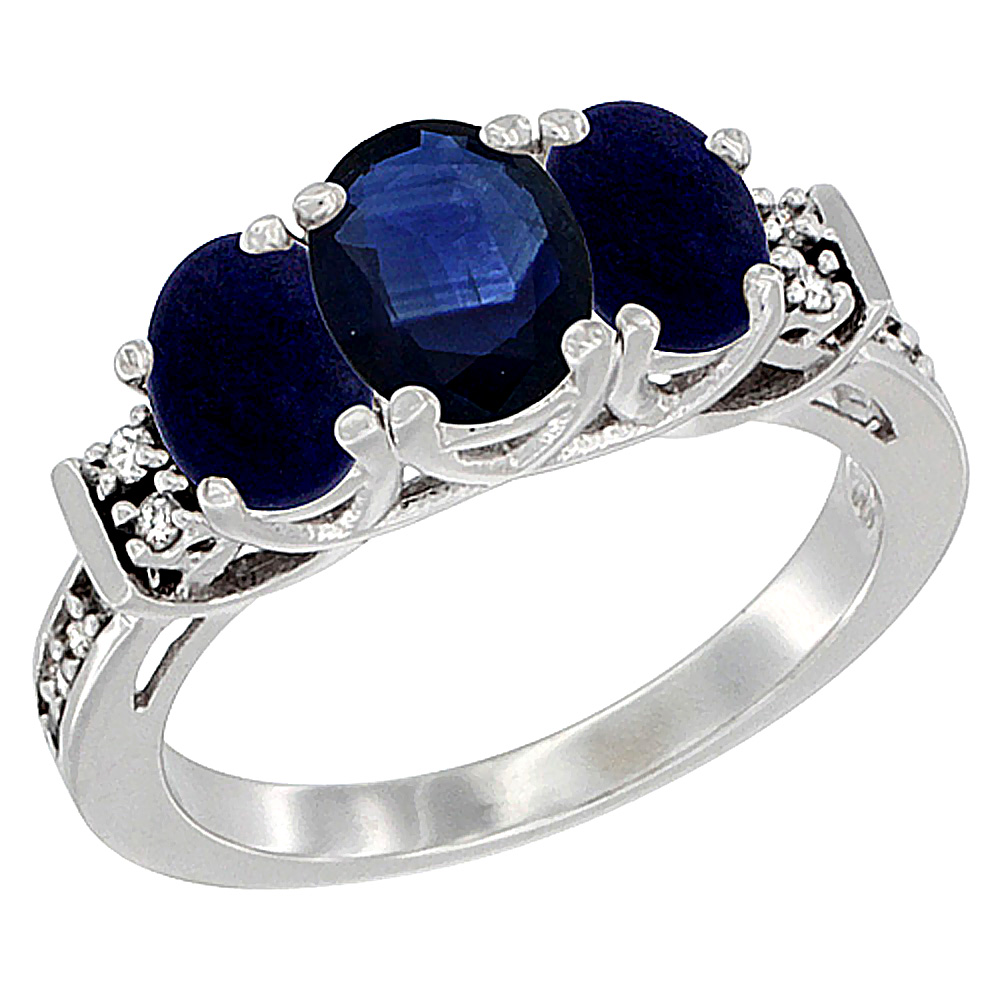 14K White Gold Natural Blue Sapphire &amp; Lapis Ring 3-Stone Oval Diamond Accent, sizes 5-10