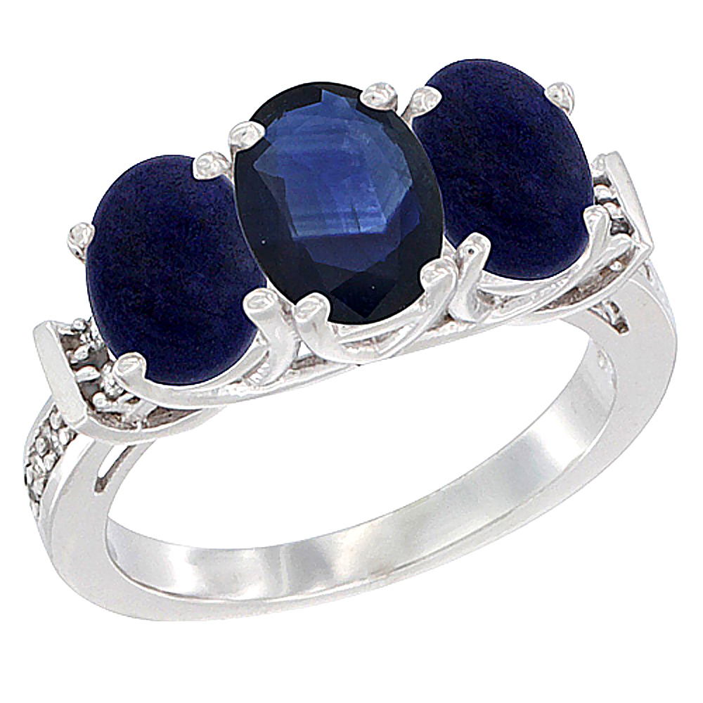 14K White Gold Natural Blue Sapphire & Lapis Sides Ring 3-Stone Oval Diamond Accent, sizes 5 - 10