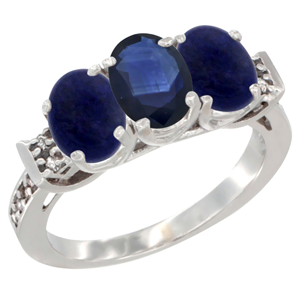 10K White Gold Natural Blue Sapphire &amp; Lapis Sides Ring 3-Stone Oval 7x5 mm Diamond Accent, sizes 5 - 10