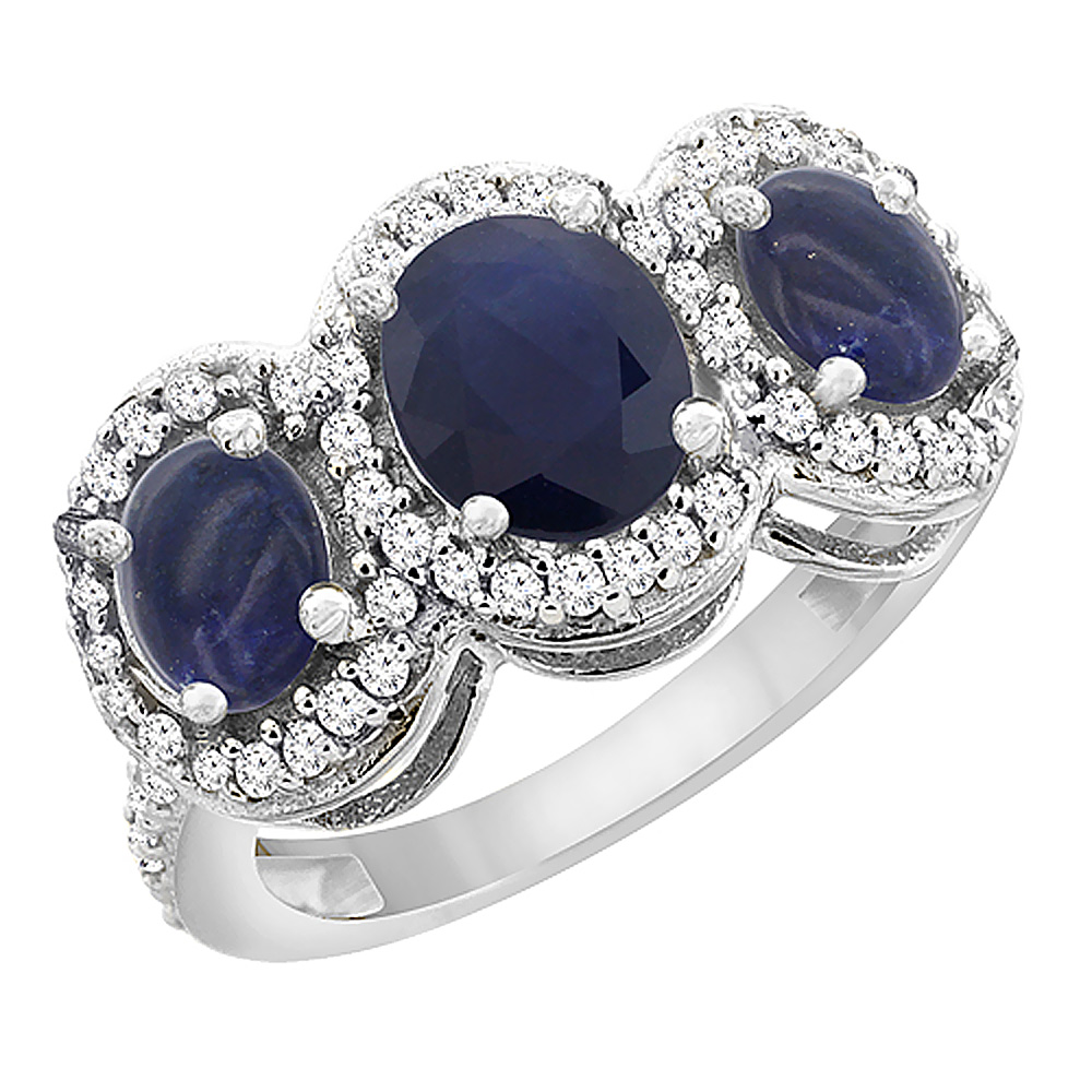 14K White Gold Natural Blue Sapphire &amp; Lapis 3-Stone Ring Oval Diamond Accent, sizes 5 - 10