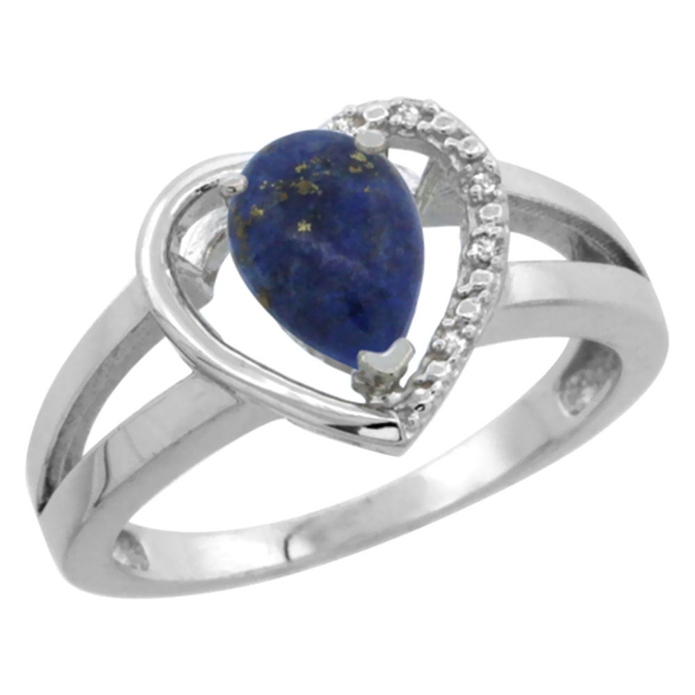 10K White Gold Natural Lapis Heart Ring Pear 7x5 mm Diamond Accent, sizes 5-10