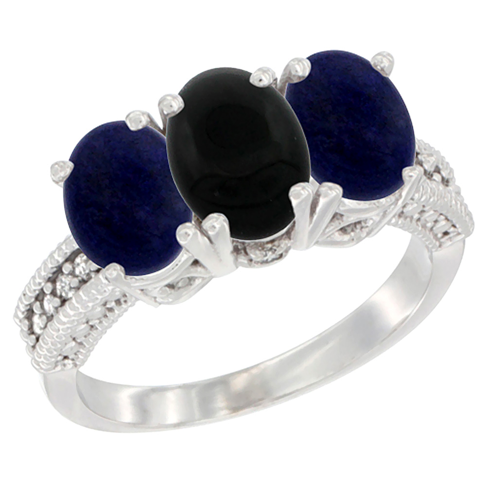 14K White Gold Natural Black Onyx Ring with Lapis 3-Stone 7x5 mm Oval Diamond Accent, sizes 5 - 10