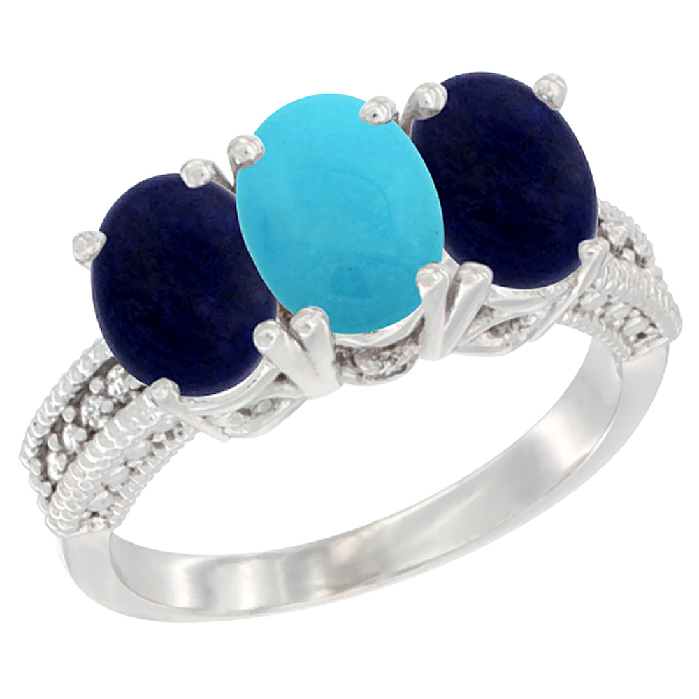 14K White Gold Natural Turquoise Ring with Lapis 3-Stone 7x5 mm Oval Diamond Accent, sizes 5 - 10