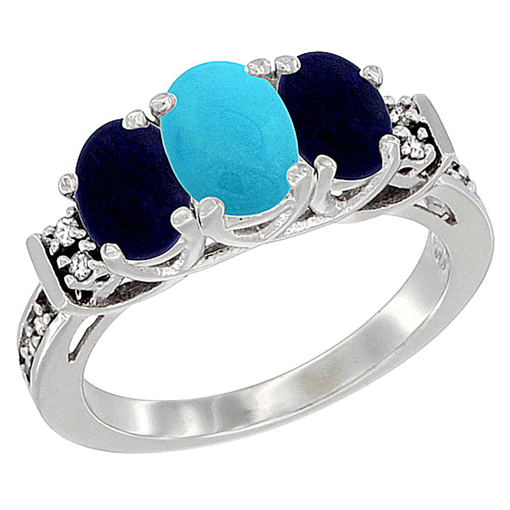 14K White Gold Natural Turquoise &amp; Lapis Ring 3-Stone Oval Diamond Accent, sizes 5-10