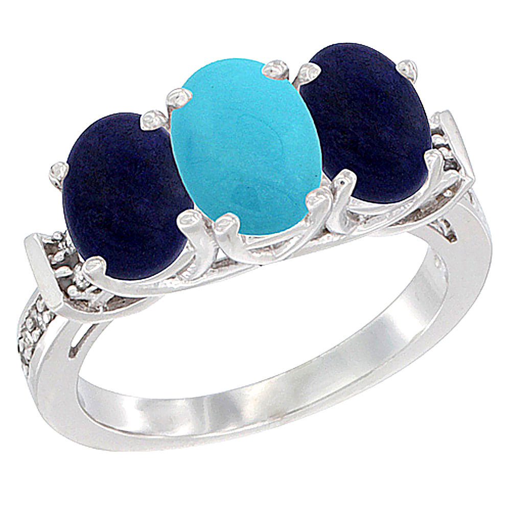 14K White Gold Natural Turquoise &amp; Lapis Sides Ring 3-Stone Oval Diamond Accent, sizes 5 - 10