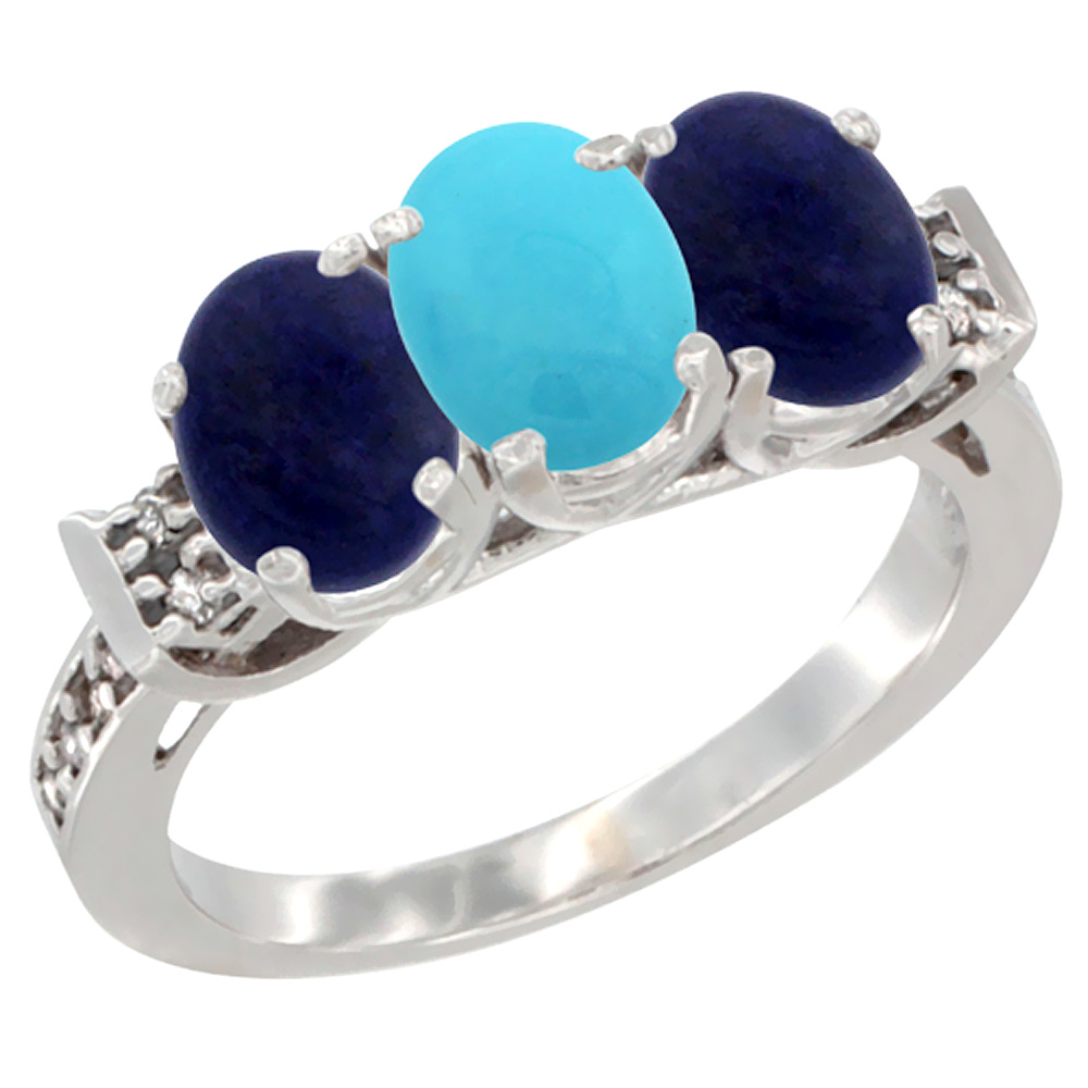 14K White Gold Natural Turquoise &amp; Lapis Ring 3-Stone 7x5 mm Oval Diamond Accent, sizes 5 - 10