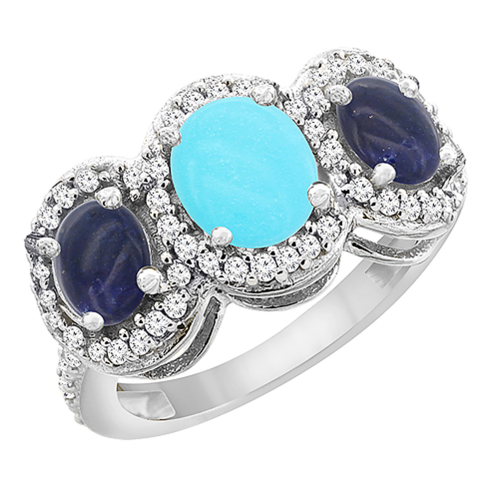 14K White Gold Natural Turquoise & Lapis 3-Stone Ring Oval Diamond Accent, sizes 5 - 10