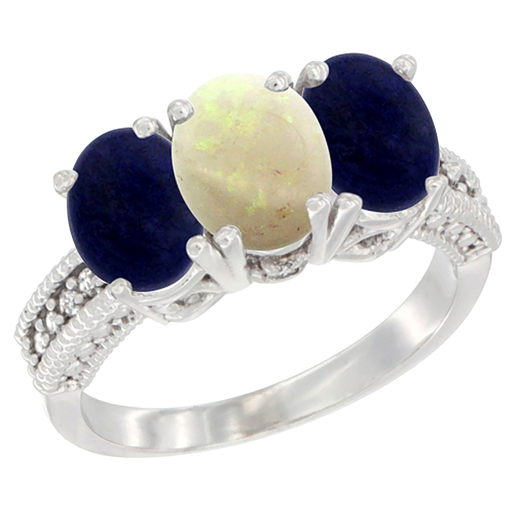 14K White Gold Natural Opal Ring with Lapis 3-Stone 7x5 mm Oval Diamond Accent, sizes 5 - 10