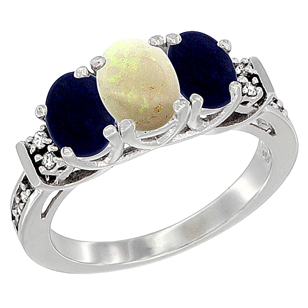 14K White Gold Natural Opal &amp; Lapis Ring 3-Stone Oval Diamond Accent, sizes 5-10