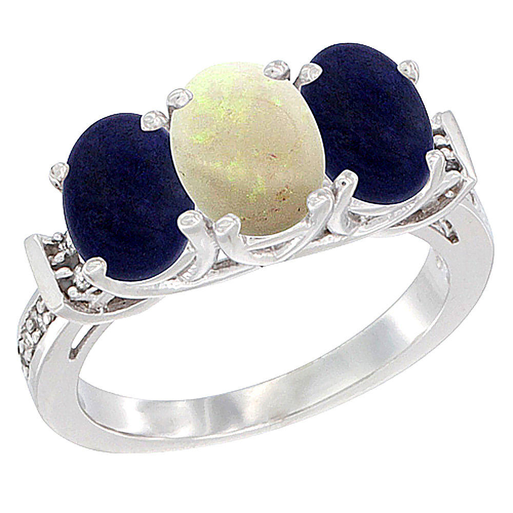 14K White Gold Natural Opal &amp; Lapis Sides Ring 3-Stone Oval Diamond Accent, sizes 5 - 10