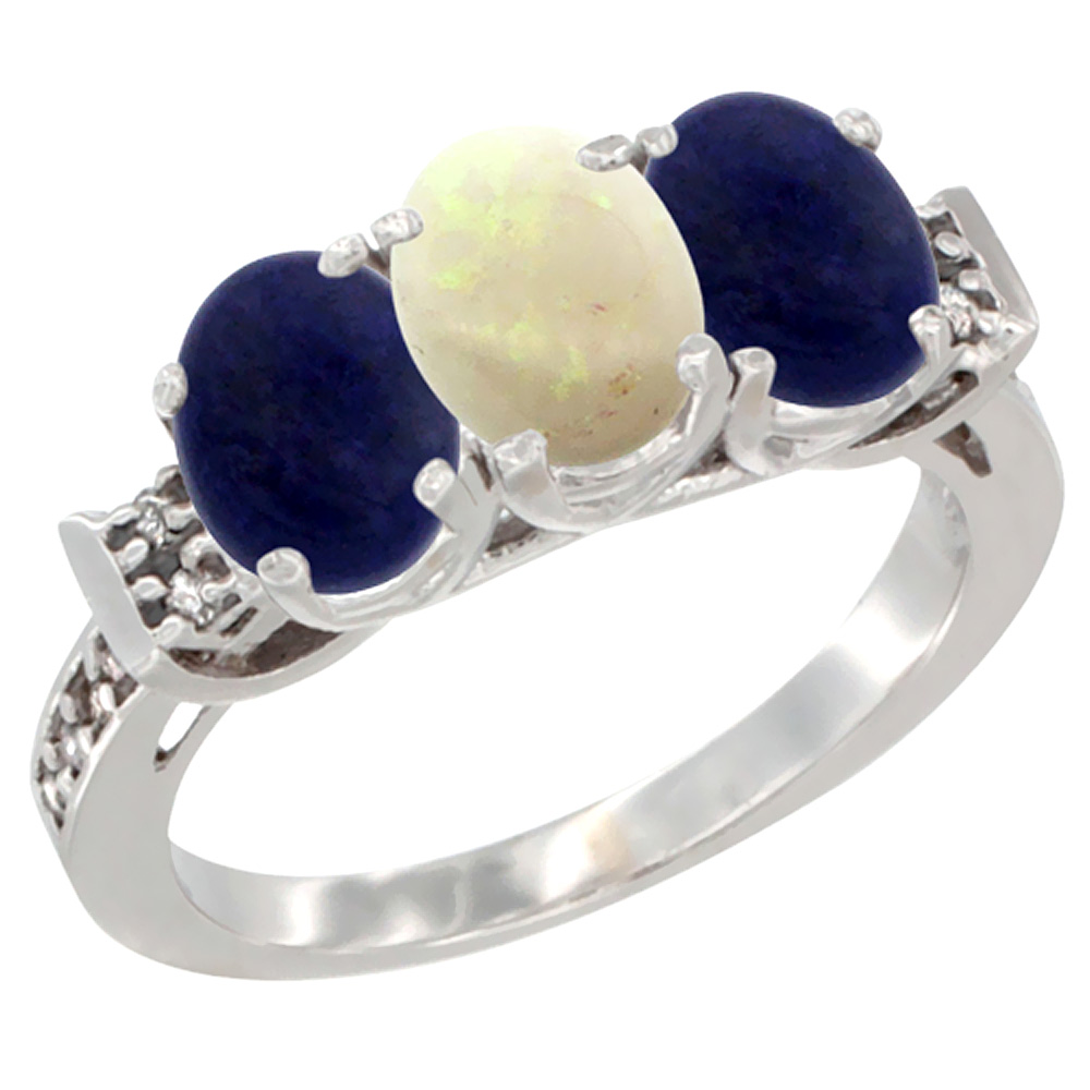 10K White Gold Natural Opal &amp; Lapis Sides Ring 3-Stone Oval 7x5 mm Diamond Accent, sizes 5 - 10