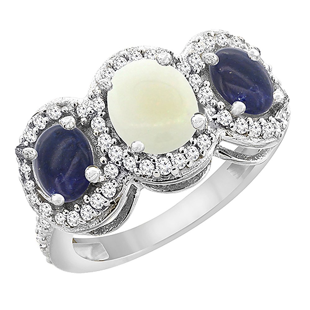 14K White Gold Natural Opal & Lapis 3-Stone Ring Oval Diamond Accent, sizes 5 - 10