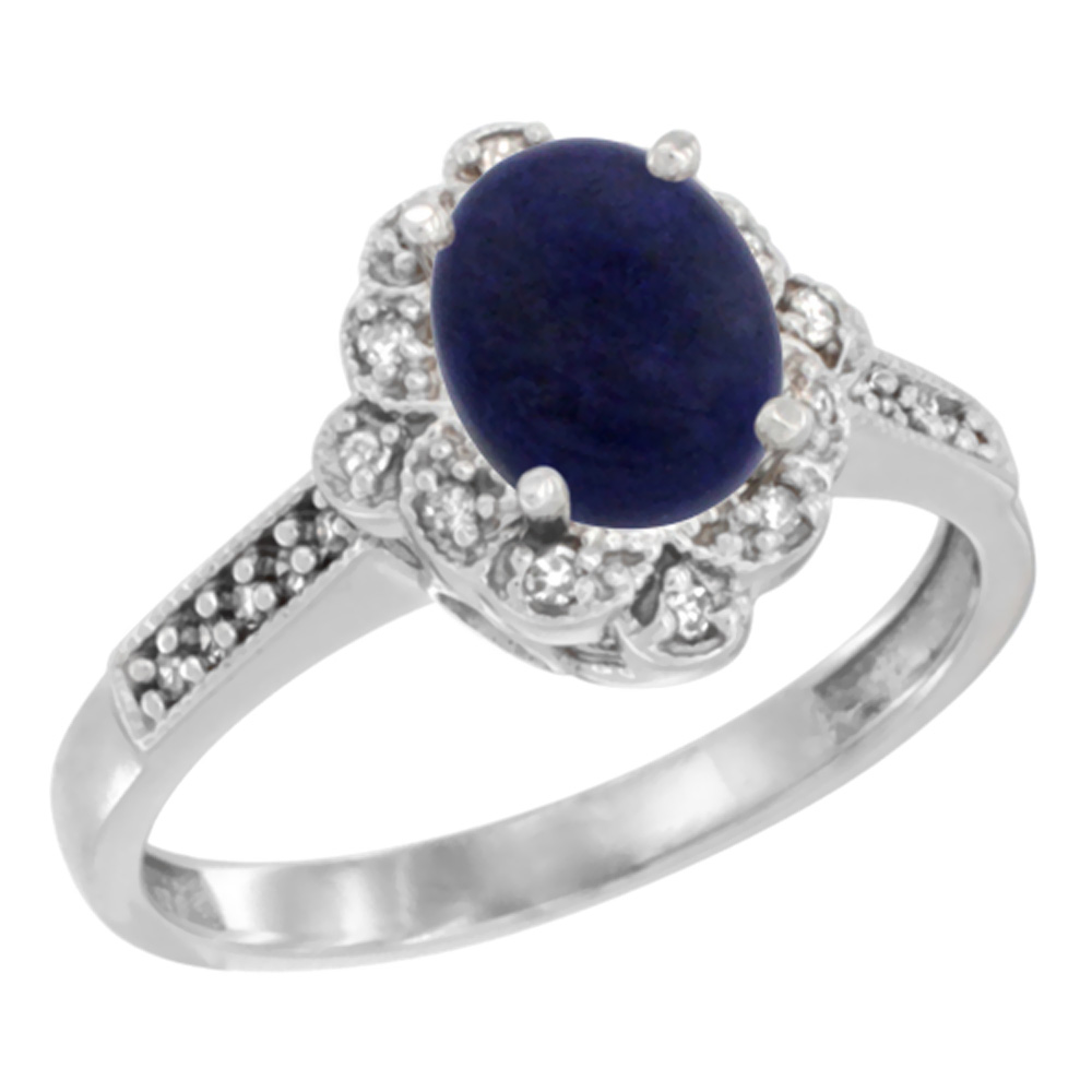 14K White Gold Natural Lapis Ring Oval 8x6 mm Floral Diamond Halo, sizes 5 - 10