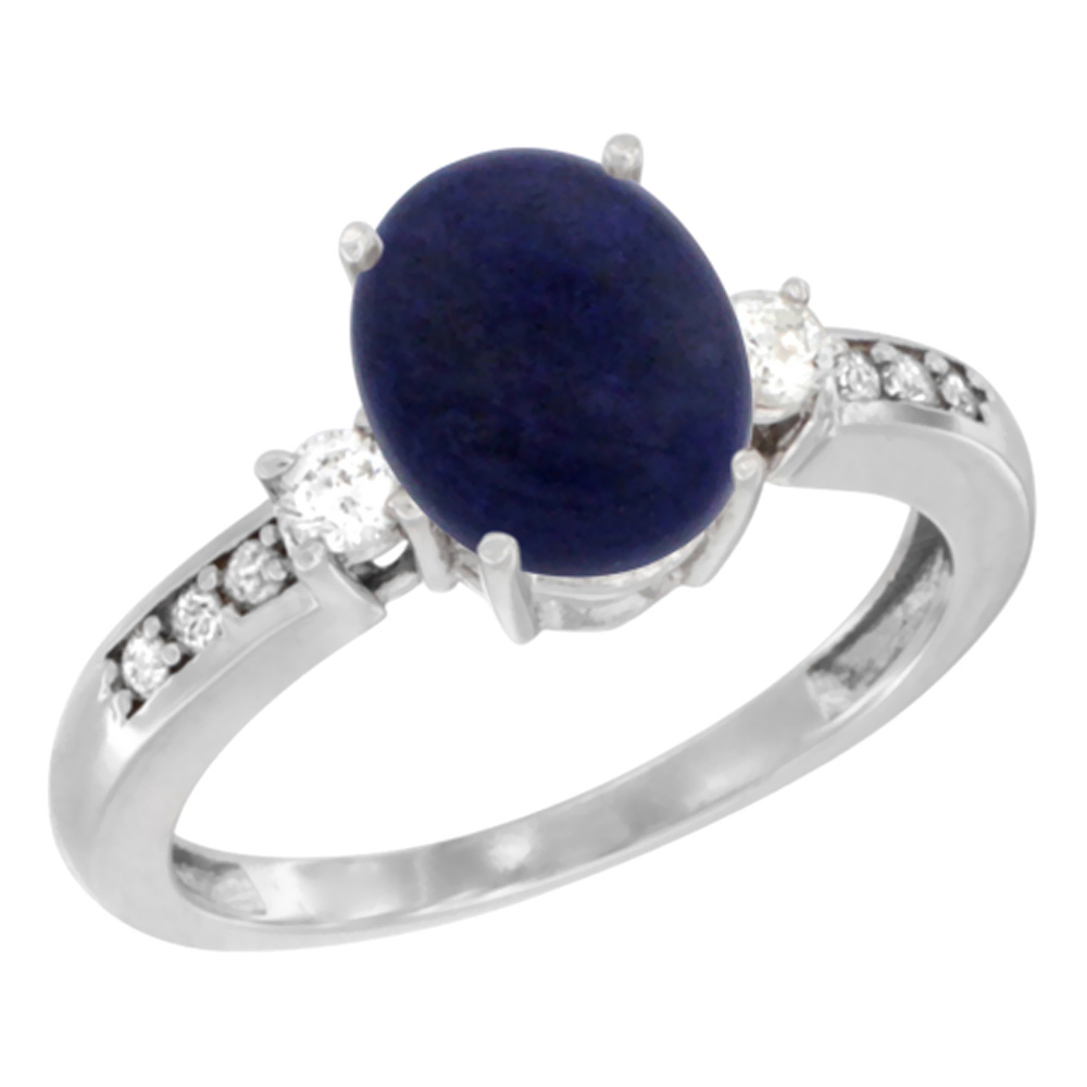 10k White Gold Natural Lapis Ring Oval 9x7 mm Diamond Accent, sizes 5 - 10