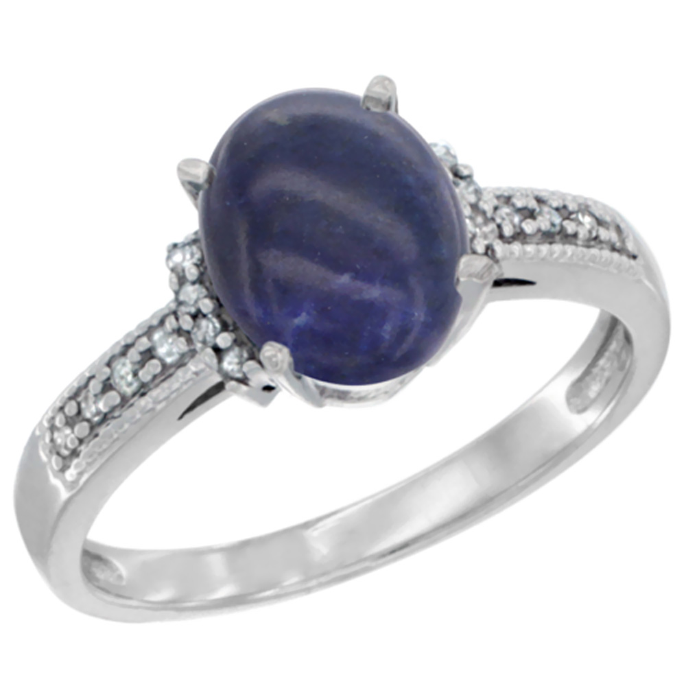 10K White Gold Natural Lapis Ring Oval 9x7 mm Diamond Accent, sizes 5 - 10