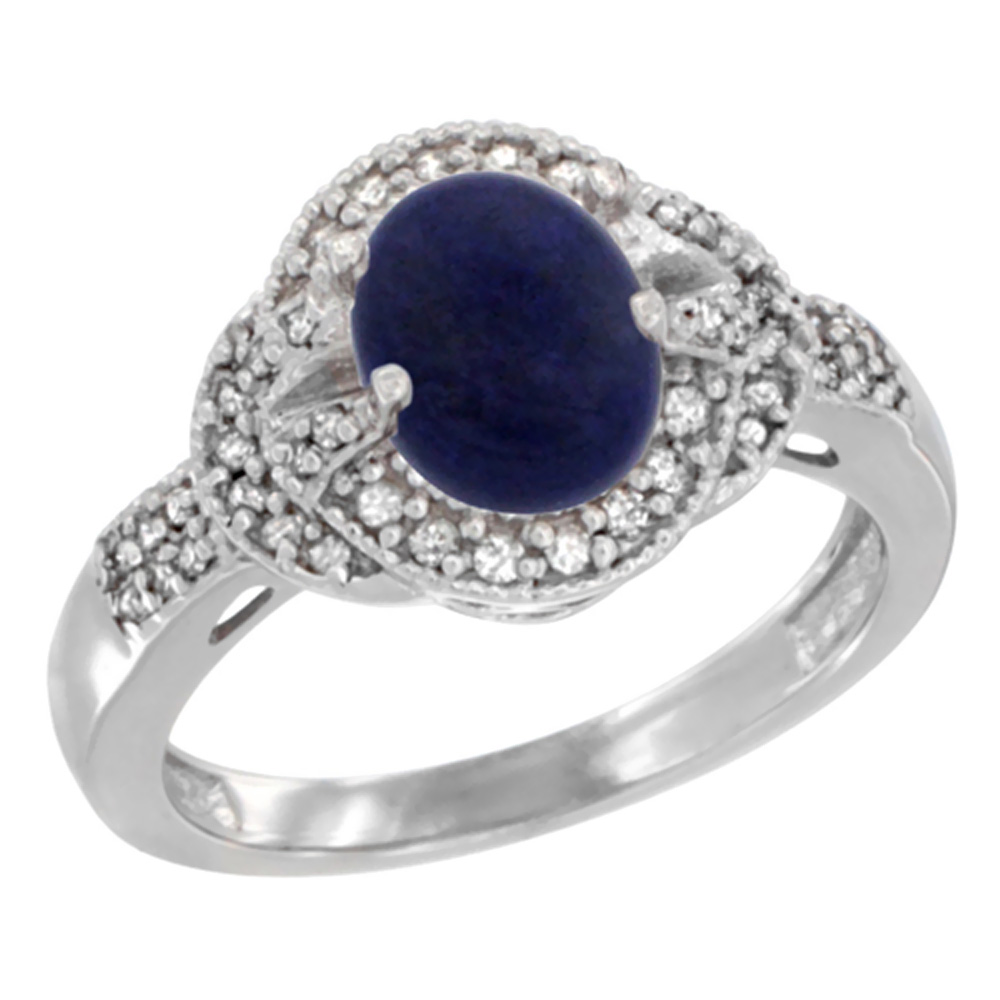 14K White Gold Natural Lapis Ring Oval 8x6 mm Diamond Accent, sizes 5 - 10