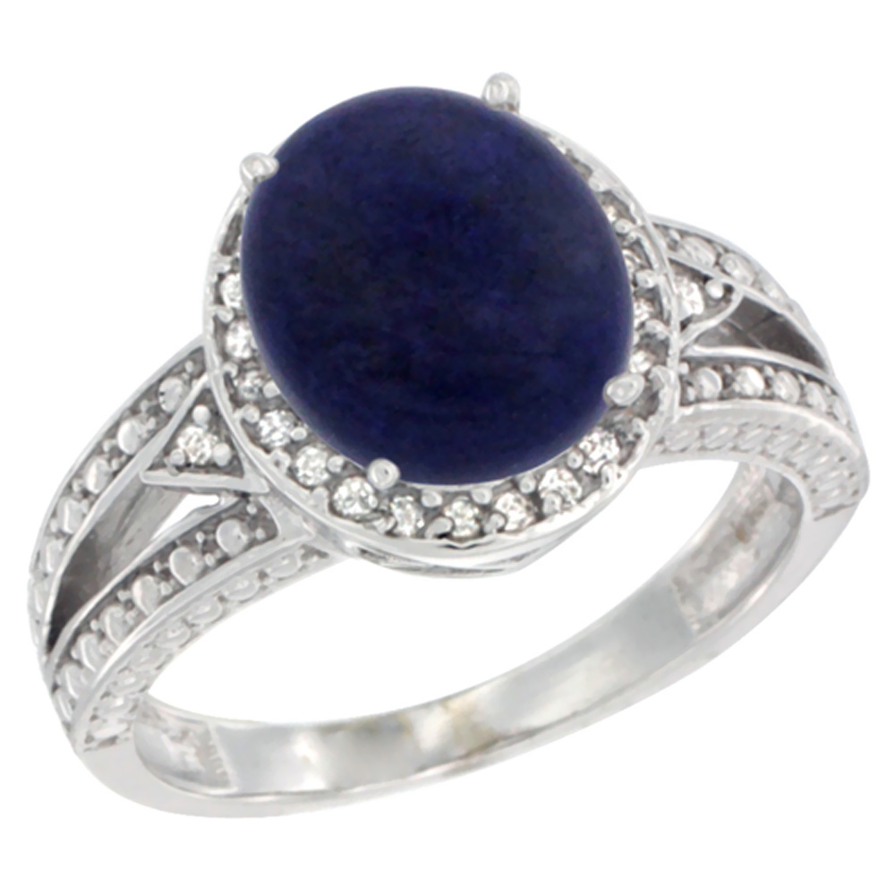 10k Yellow Gold Natural Lapis Ring Oval 9x7 mm Diamond Halo, sizes 5 - 10