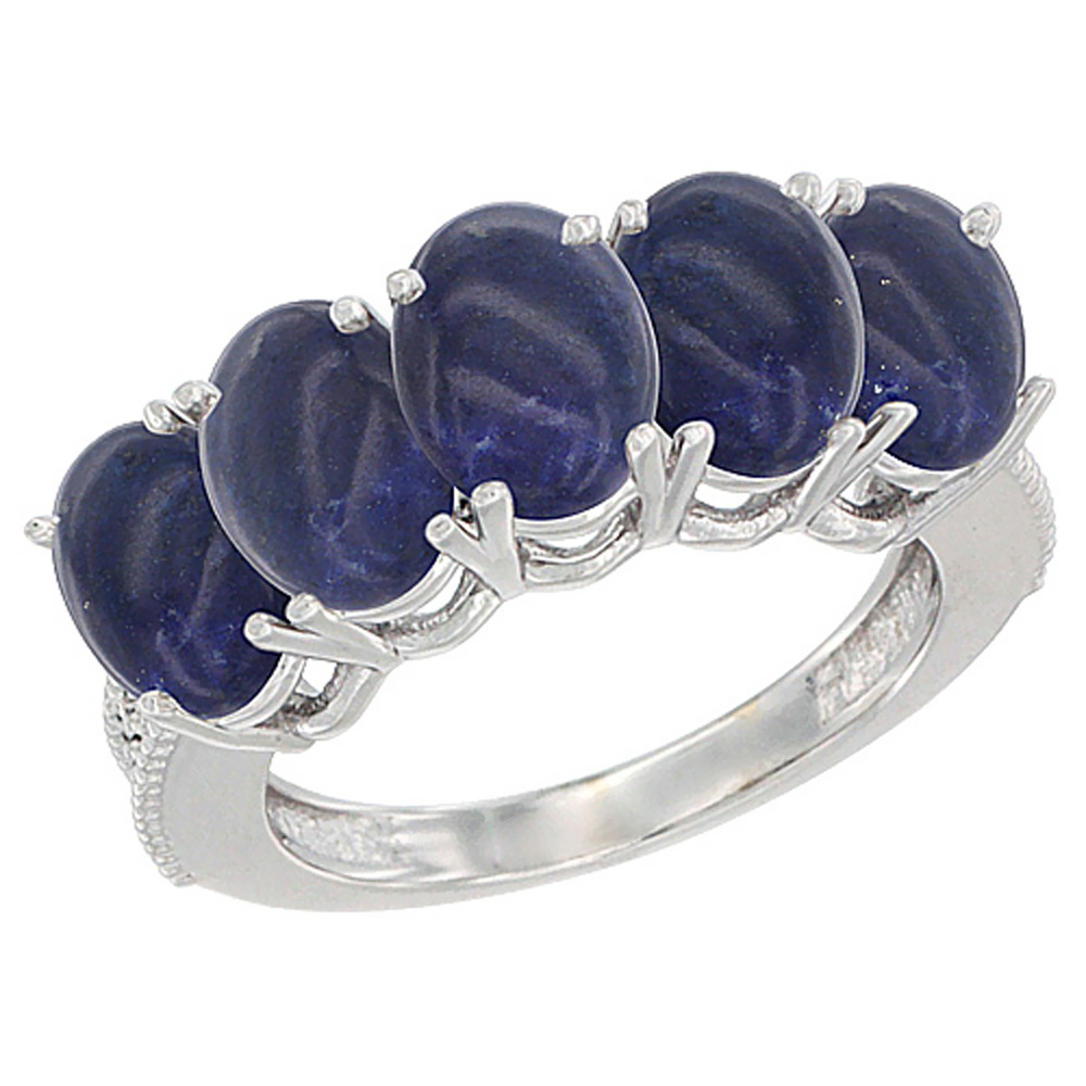 14K White Gold Natural Lapis 0.75 ct. Oval 7x5mm 5-Stone Mother&#039;s Ring with Diamond Accents, sizes 5 to 10 with half sizes
