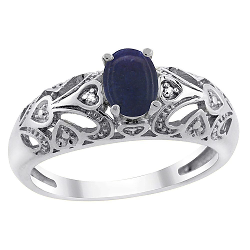 14K White Gold Natural Lapis Ring Oval 6x4 mm Diamond Accent, sizes 5 - 10