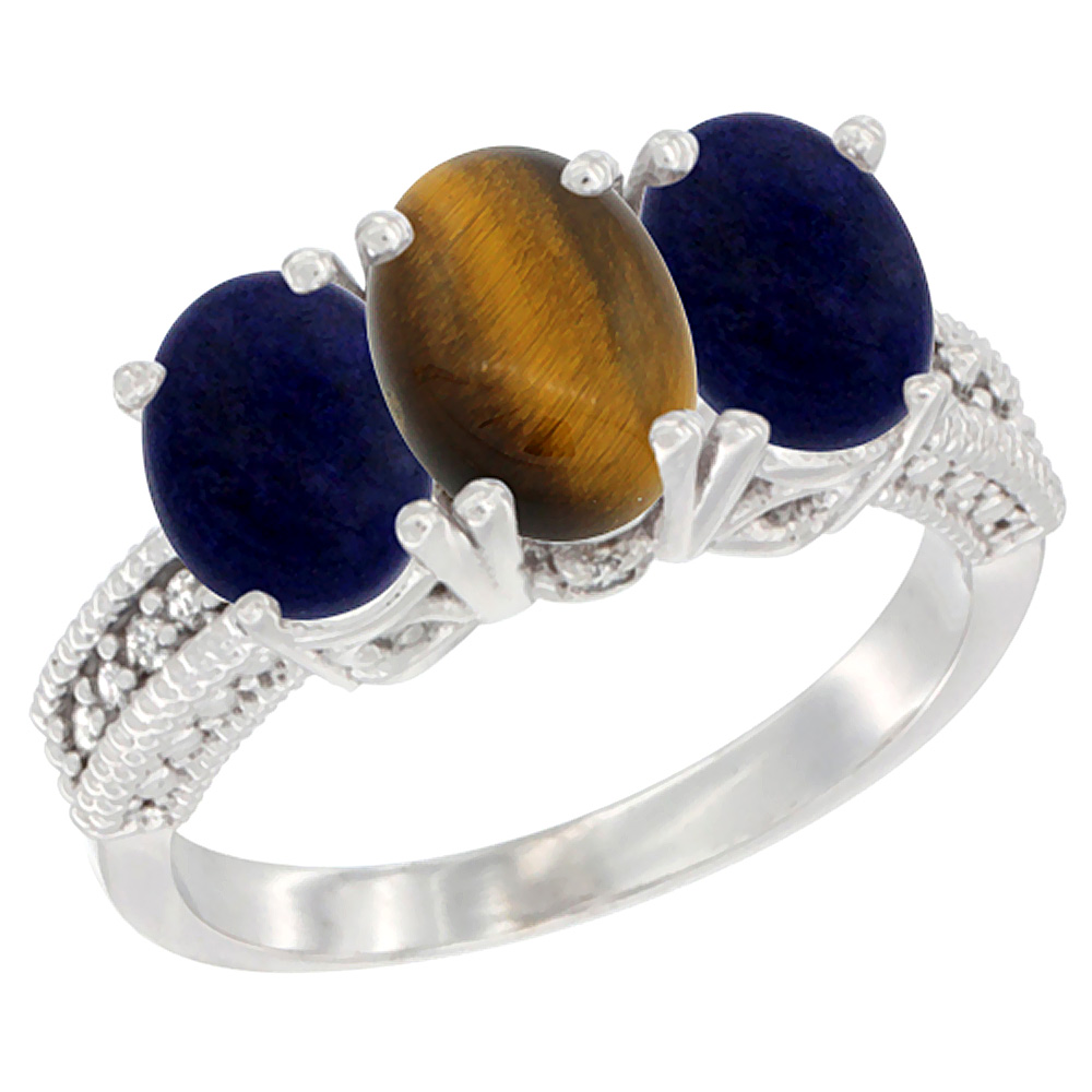 14K White Gold Natural Tiger Eye Ring with Lapis 3-Stone 7x5 mm Oval Diamond Accent, sizes 5 - 10