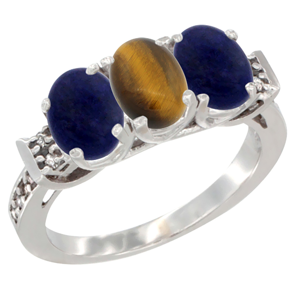 10K White Gold Natural Tiger Eye &amp; Lapis Sides Ring 3-Stone Oval 7x5 mm Diamond Accent, sizes 5 - 10