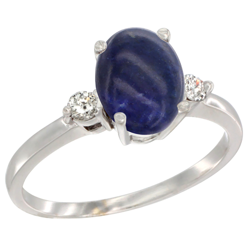 14K White Gold Natural Lapis Ring Oval 9x7 mm Diamond Accent, sizes 5 to 10