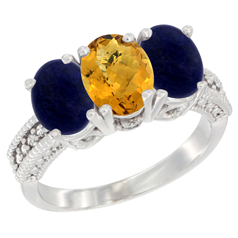 14K White Gold Natural Whisky Quartz Ring with Lapis 3-Stone 7x5 mm Oval Diamond Accent, sizes 5 - 10