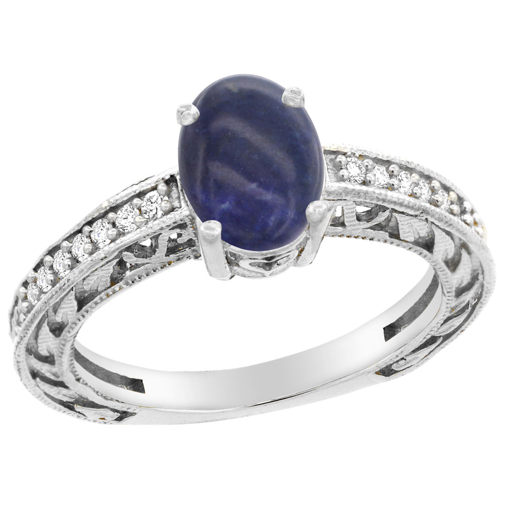 10K Gold Natural Lapis Ring Oval 8x6 mm Diamond Accents, sizes 5 - 10