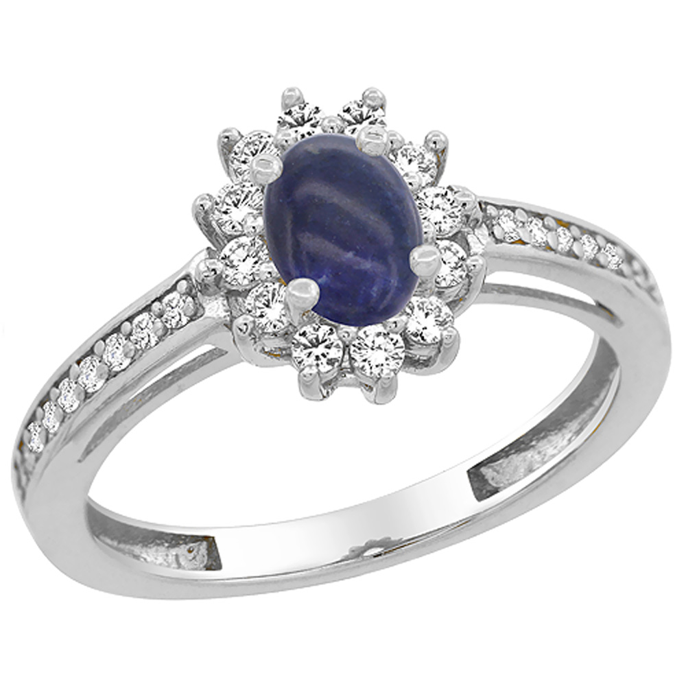 14K White Gold Natural Lapis Flower Halo Ring Oval 6x4mm Diamond Accents, sizes 5 - 10