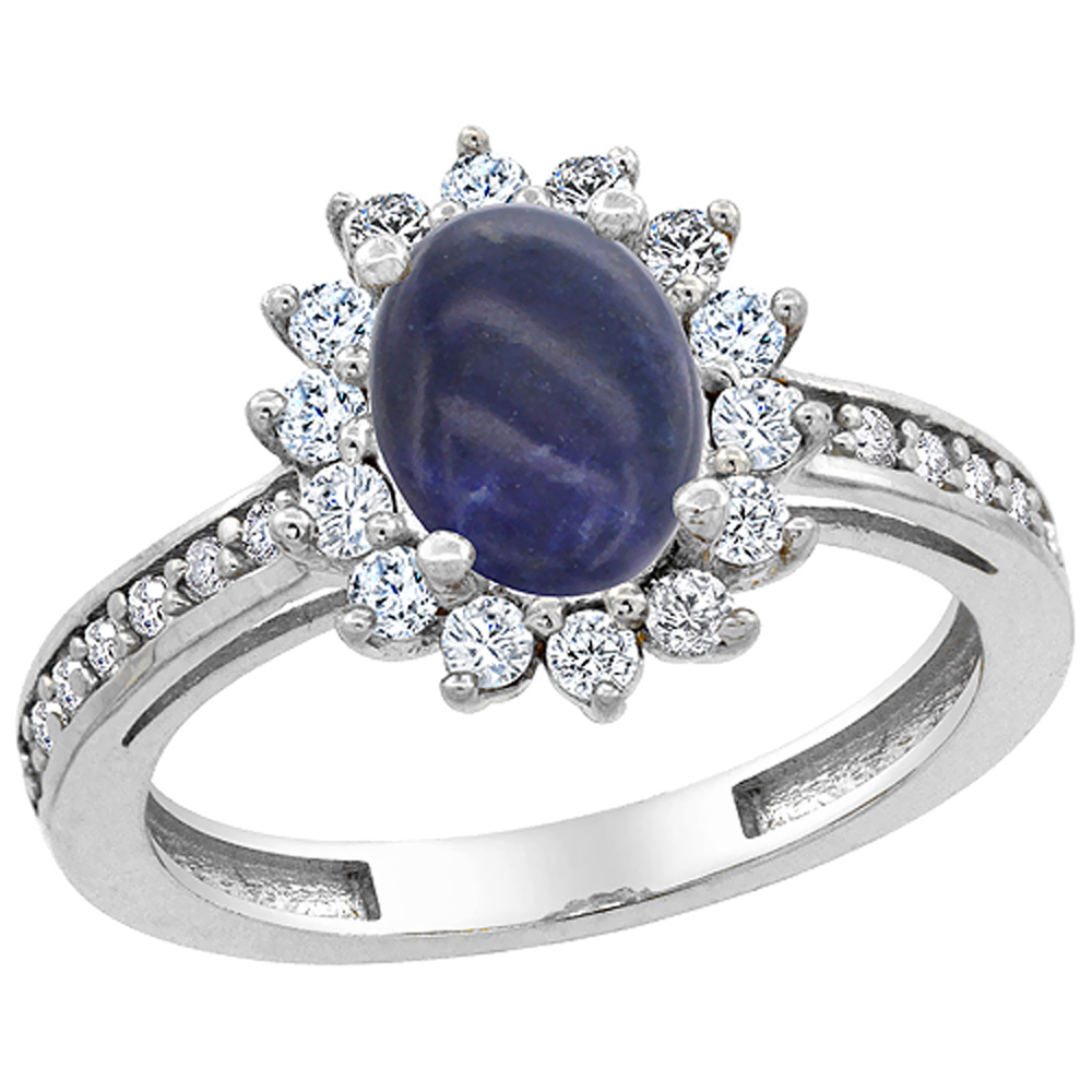 10K White Gold Natural Lapis Floral Halo Ring Oval 8x6mm Diamond Accents, sizes 5 - 10