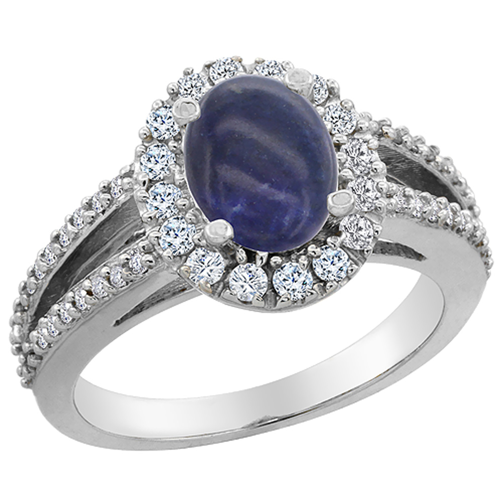 10K White Gold Natural Lapis Halo Ring Oval 8x6 mm with Diamond Accents, sizes 5 - 10