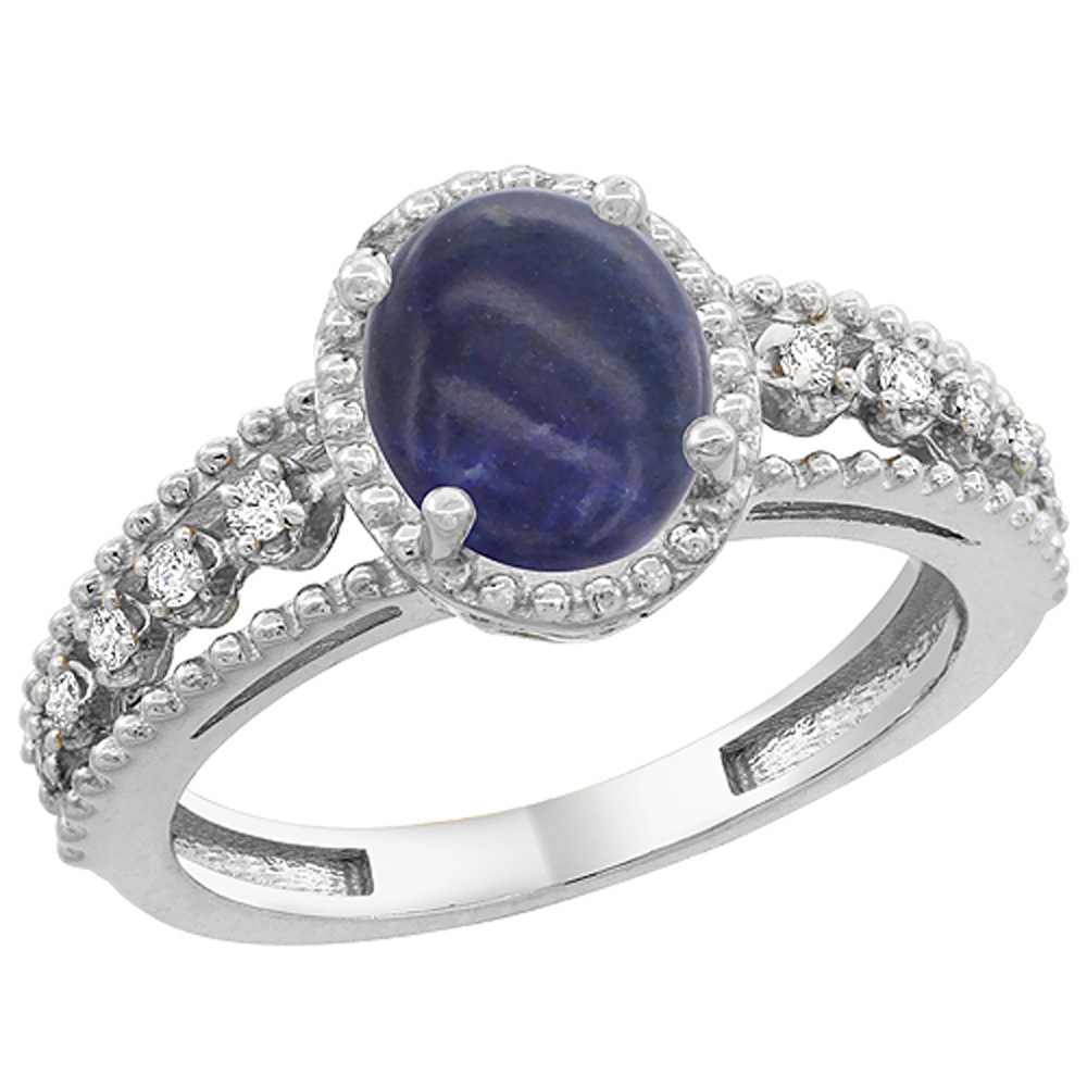 10K White Gold Natural Lapis Ring Oval 9x7 mm Floating Diamond Accents, sizes 5 - 10
