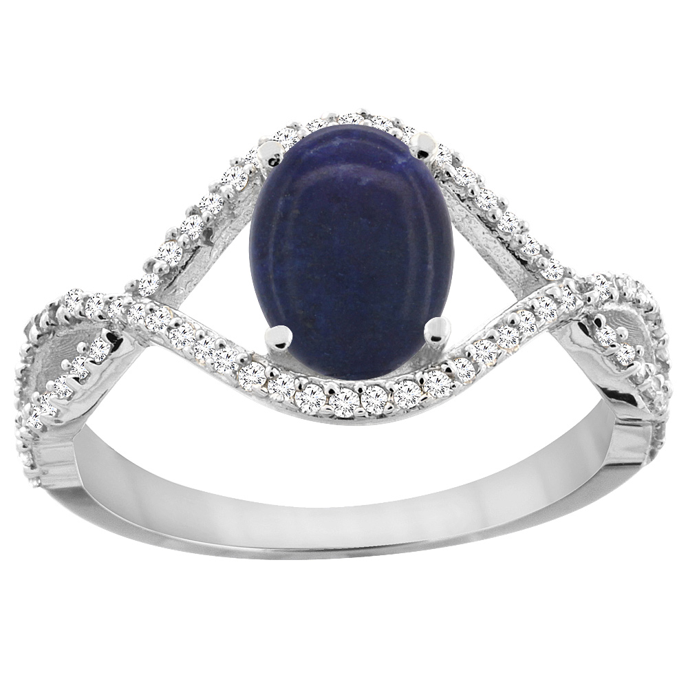 14K White Gold Natural Lapis Ring Oval 8x6 mm Infinity Diamond Accents, sizes 5 - 10