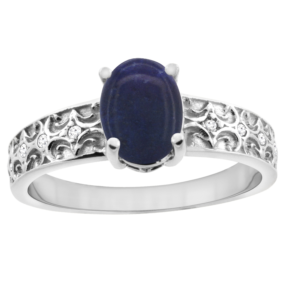 10K White Gold Natural Lapis Ring Oval 8x6 mm Diamond Accents, sizes 5 - 10