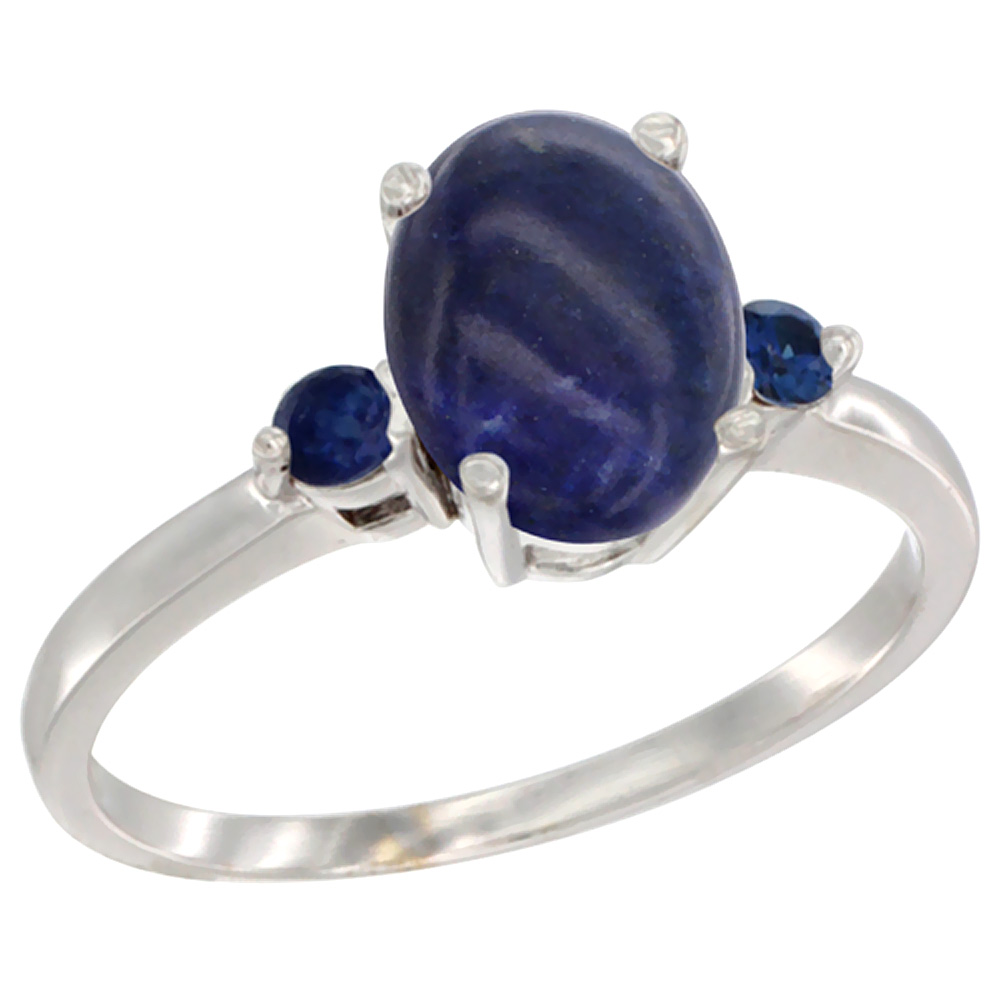 14K White Gold Natural Lapis Ring Oval 9x7 mm Blue Sapphire Accent, sizes 5 to 10