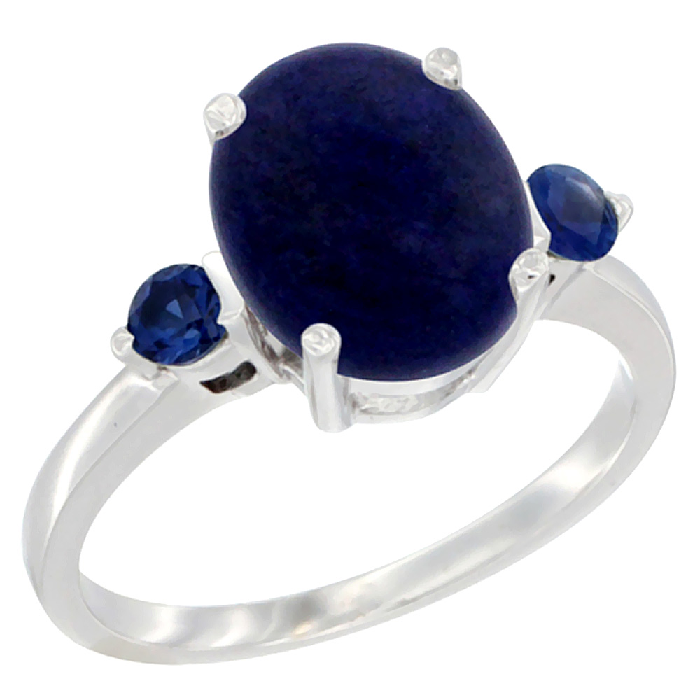 14K White Gold 10x8mm Oval Natural Lapis Ring for Women Blue Sapphire Side-stones sizes 5 - 10