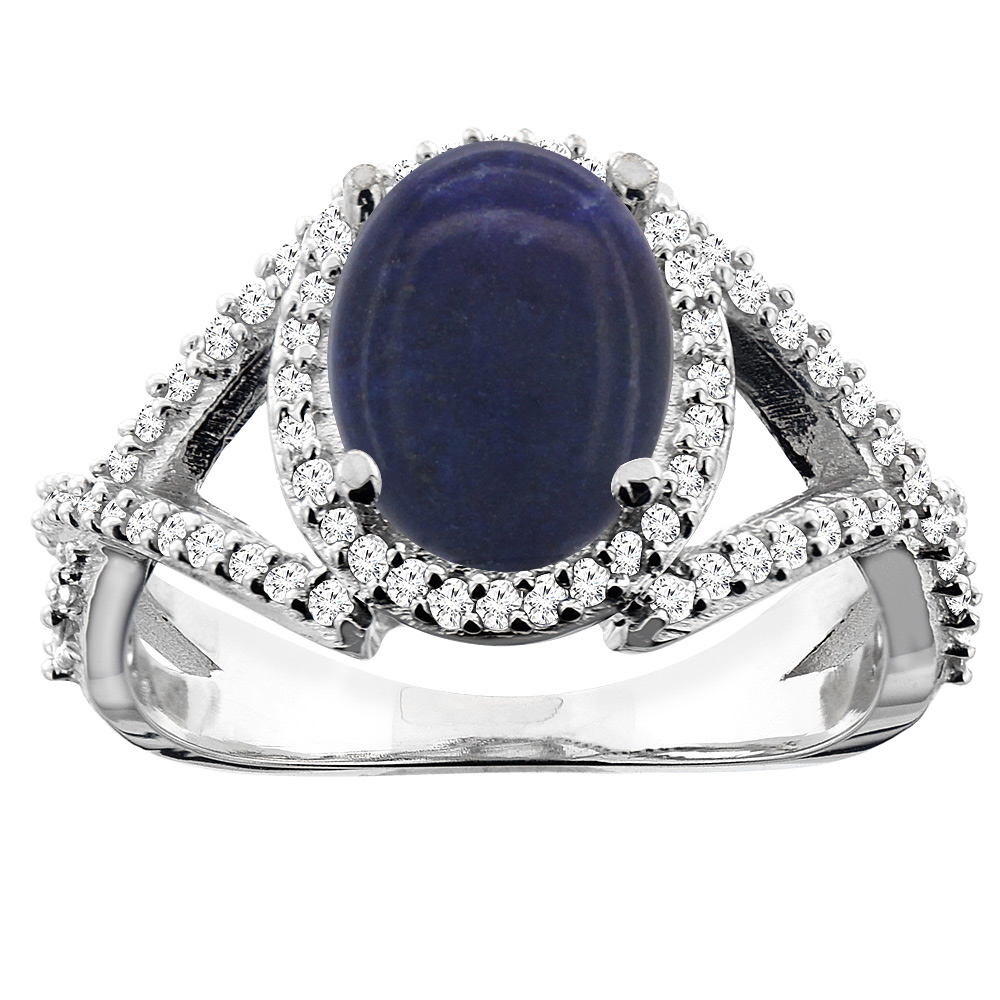 10K White/Yellow/Rose Gold Natural Lapis Ring Oval 10x8mm Diamond Accent, sizes 5 - 10