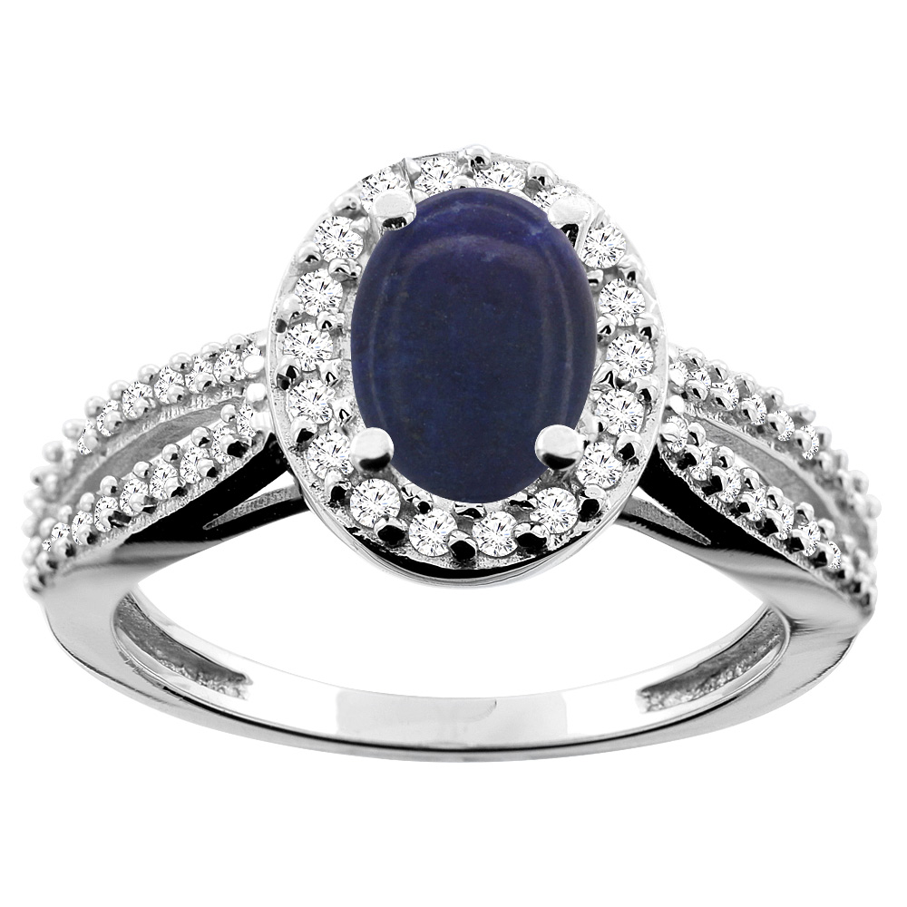 10K White/Yellow/Rose Gold Natural Lapis Ring Oval 8x6mm Diamond Accent, size 5