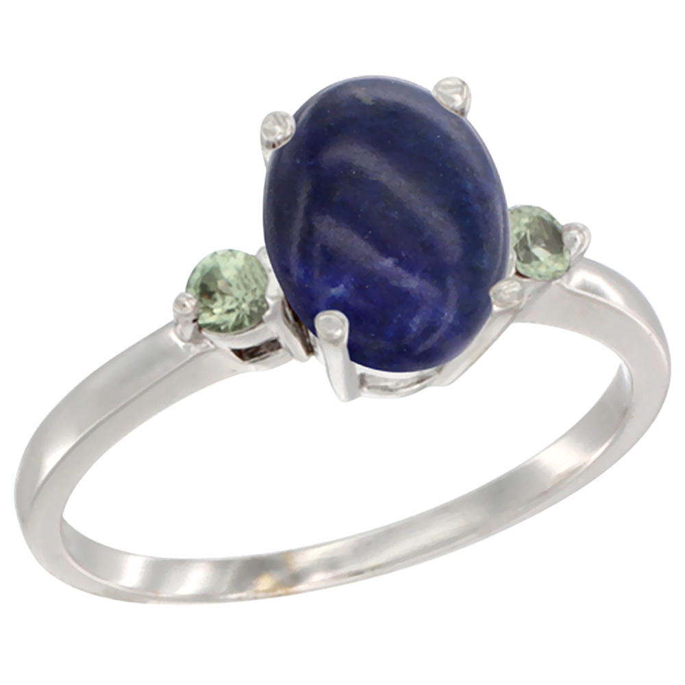14K White Gold Natural Lapis Ring Oval 9x7 mm Green Sapphire Accent, sizes 5 to 10