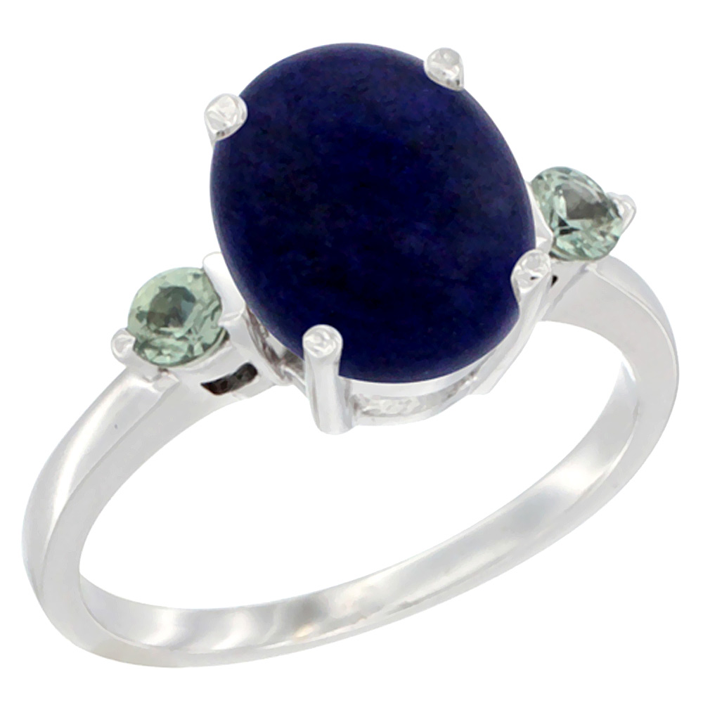 14K White Gold 10x8mm Oval Natural Lapis Ring for Women Green Sapphire Side-stones sizes 5 - 10